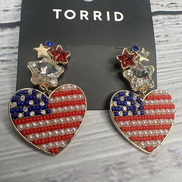 Torrid Earrings Heart Red White Blue Patriotic Fourth Of July Rhinestone America - Picture 1 of 7